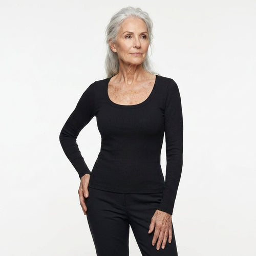 Mary's Tanks Contour Ribbed Long-Sleeve Top with Built-in Bra in Black