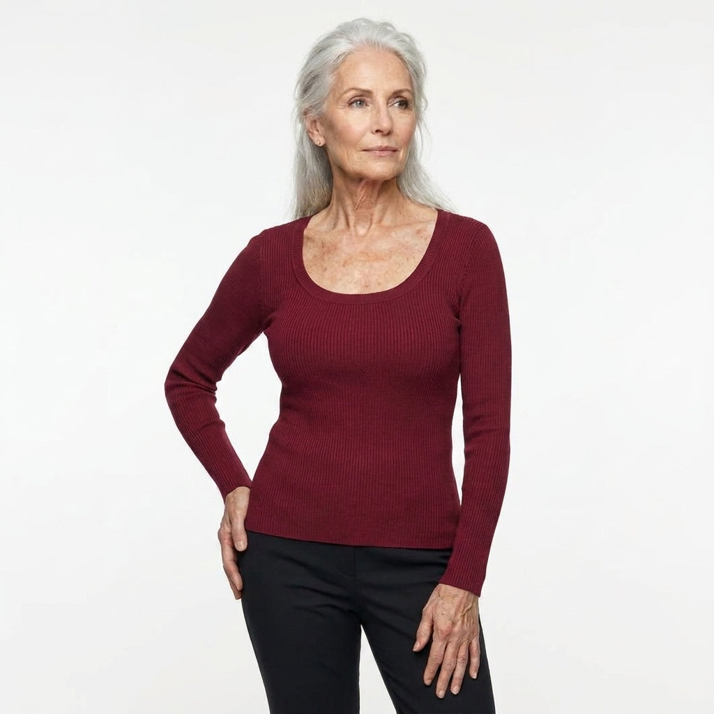 Mary's Tanks Contour Ribbed Long-Sleeve Top with Built-in Bra in Burgundy